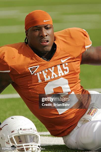 Linebacker Sergio Kindle of the Texas Longhorns stretches before a game against the UCF Knights on November 7, 2009 at Darrell K Royal - Texas...