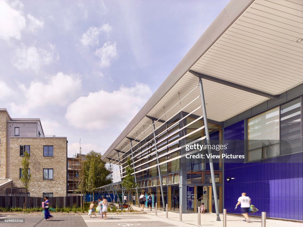 Entrance, landscape and car park. Heston Leisure Centre, Hounslow, United Kingdom. Architect: Studio E LLP, 2016.