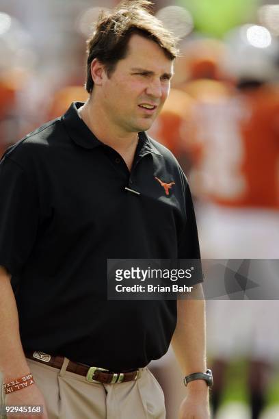 Defensive coordinator Will Muschamp of the Texas Longhorns watches the defense prepare against the UCF Knights on November 7, 2009 at Darrell K Royal...