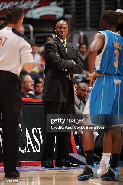 Head Coach Byron Scott of the New Orleans Hornets looks on against the Los Angeles Clippers at Staples Center on November 9, 2009 in Los Angeles,...