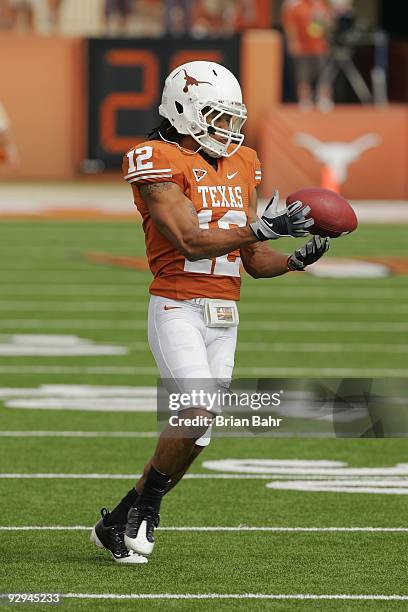 Safety Earl Thomas of the Texas Longhorns practices before a game against the UCF Knights on November 7, 2009 at Darrell K Royal - Texas Memorial...