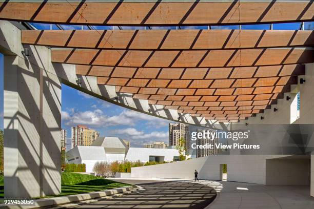 Aga Khan Museum, toronto, Canada. Architect: Fumihiko Maki, 2014. Terrace with sun shading.