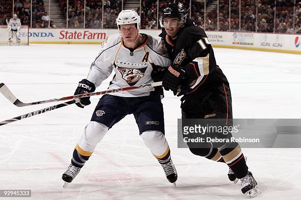Ryan Suter of the Nashville Predators battles for position against Joffrey Lupul of the Anaheim Ducks during the game on November 5, 2009 at Honda...
