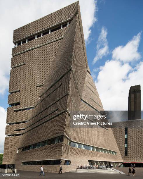 View of east/ south side of Switch House. Switch House at Tate Modern, London, United Kingdom. Architect: Herzog and De Meuron, 2016.