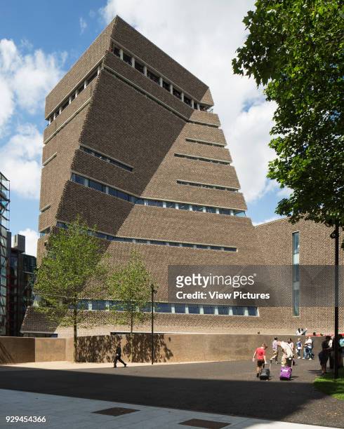 View of east/south side of Switch House. Switch House at Tate Modern, London, United Kingdom. Architect: Herzog and De Meuron, 2016.