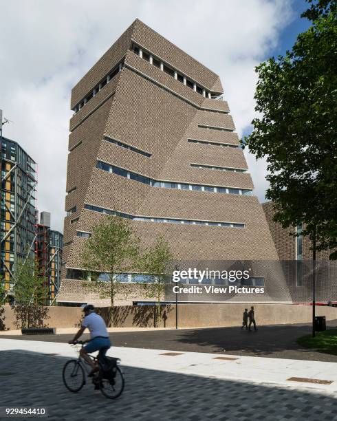 View of east side of Switch House. Switch House at Tate Modern, London, United Kingdom. Architect: Herzog and De Meuron, 2016.