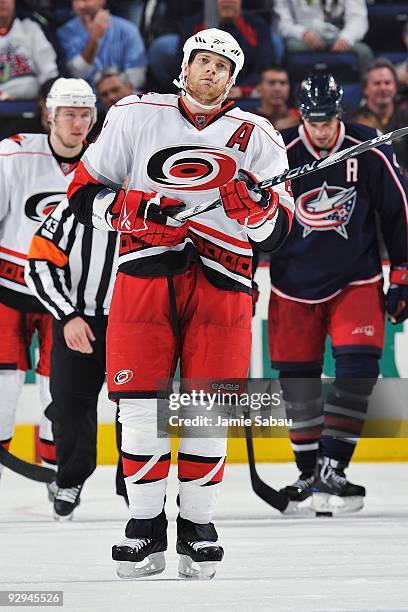 Defenseman Tim Gleason of the Carolina Hurricanes takes a breather against the Columbus Blue Jackets on November 7, 2009 at Nationwide Arena in...