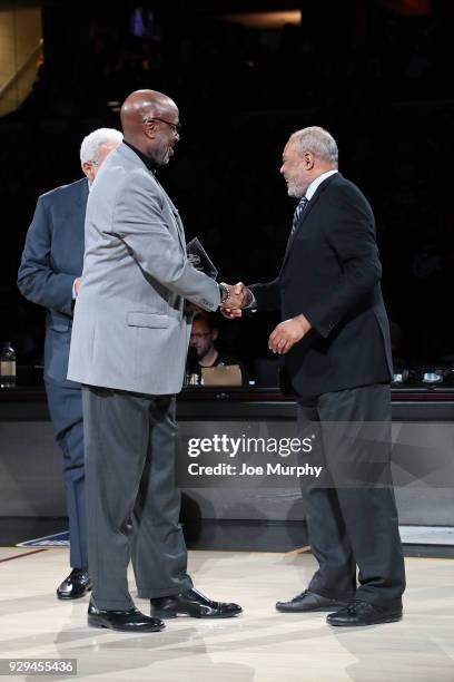 Bernie Bickerstaff is honored during the game between the Cleveland Cavaliers and the Houston Rockets on February 3, 2018 at Quicken Loans Arena in...