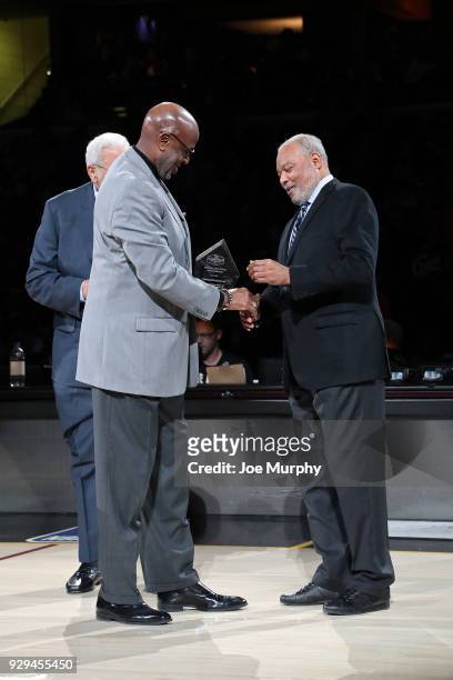 Bernie Bickerstaff is honored during the game between the Cleveland Cavaliers and the Houston Rockets on February 3, 2018 at Quicken Loans Arena in...