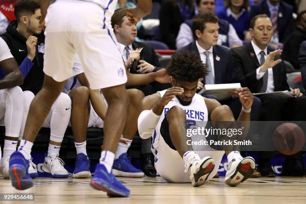 Hasahn French of the Saint Louis Billikens looks on against the George Washington Colonials during the first half in the Second Round of the Atlantic...