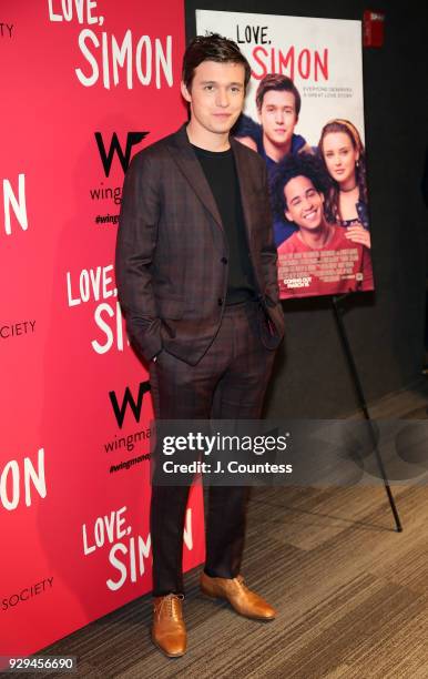 Actor Nick Robinson poses for a photo at the screening of "Love, Simon" hosted by 20th Century Fox & Wingman at The Landmark at 57 West on March 8,...