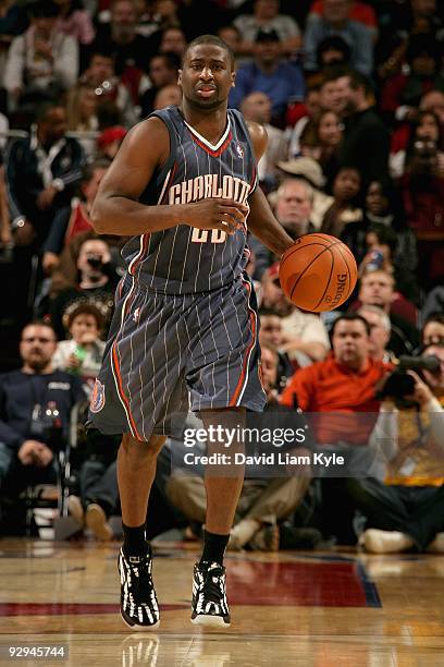 Raymond Felton of the Charlotte Bobcats brings the ball up court during the game against the Cleveland Cavaliers on October 31, 2009 at Quicken Loans...