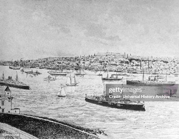 Engraved etching of Halifax Nova Scotia from magic lantern slide cica 1900