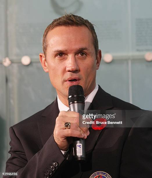 Steve Yzerman speaks with the media at the Hockey Hall of Fame Induction Photo Opportunity at the Hockey Hall of Fame on November 9, 2009 in Toronto,...
