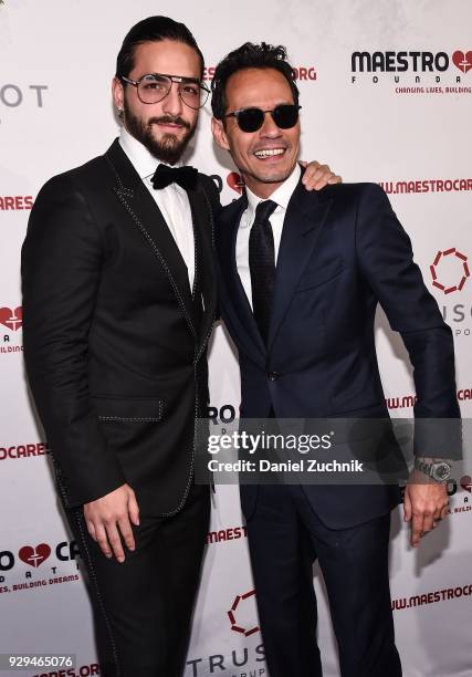 Maluma and Marc Anthony attend the 2018 Maestro Cares Gala at Cipriani Wall Street on March 8, 2018 in New York City.