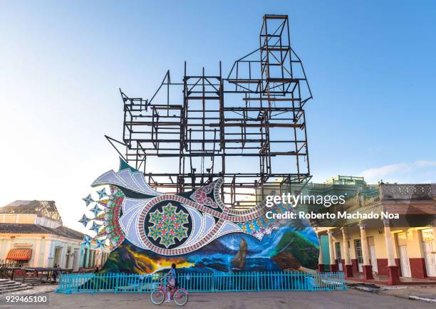 Wide angle of a Lights Display or 'Trabajo de Plaza' in the town square as part of 'Las Parrandas de Remedios' which is a traditional Christmas...