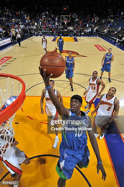 Jonny Flynn of the Minnesota Timberwolves attempts a layup against the Golden State Warriors on November 9, 2009 at Oracle Arena in Oakland,...