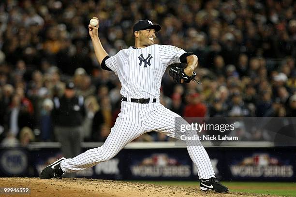 Mariano Rivera of the New York Yankees throws a pitch against the Philadelphia Phillies in Game Six of the 2009 MLB World Series at Yankee Stadium on...