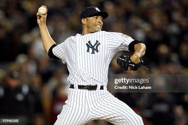 Mariano Rivera of the New York Yankees throws a pitch against the Philadelphia Phillies in Game Six of the 2009 MLB World Series at Yankee Stadium on...