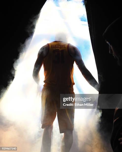 Nick Rakocevic of the USC Trojans is introduced before a quarterfinal game of the Pac-12 basketball tournament against the Oregon State Beavers at...