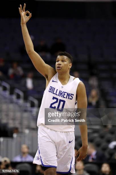 Jalen Johnson of the Saint Louis Billikens celebrates his three-pointer against the George Washington Colonials during the second half in the Second...