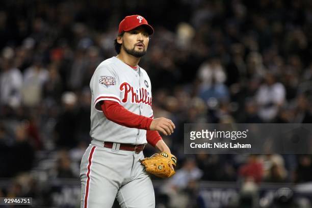 Chan Ho Park of the Philadelphia Phillies walks back to the dugout against the New York Yankees in Game Six of the 2009 MLB World Series at Yankee...