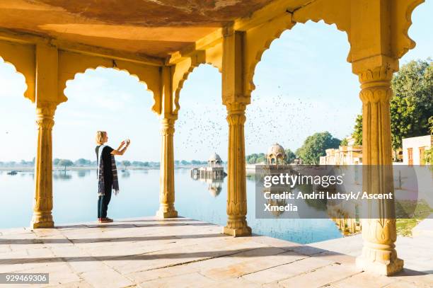 young woman looks out at gadi sagar lake in morning light - amber fort stockfoto's en -beelden