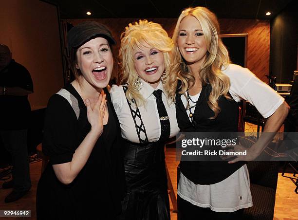 Singer/songwriters Kellie Pickler, Dolly Parton and Carrie Underwood backstage at Parton's "Live From London" DVD premiere party at the Tracking Room...