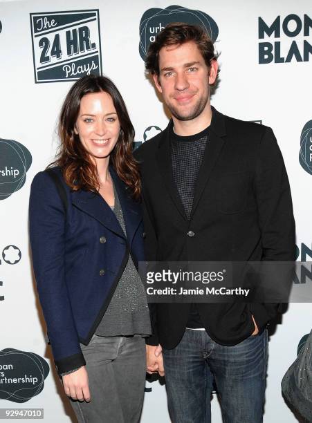 Actress Emily Blunt and Actor John Krasinski walk the red carpet at the 9th Annual 24 Hour Plays on Broadway After Party presented by MONTBLANC at...
