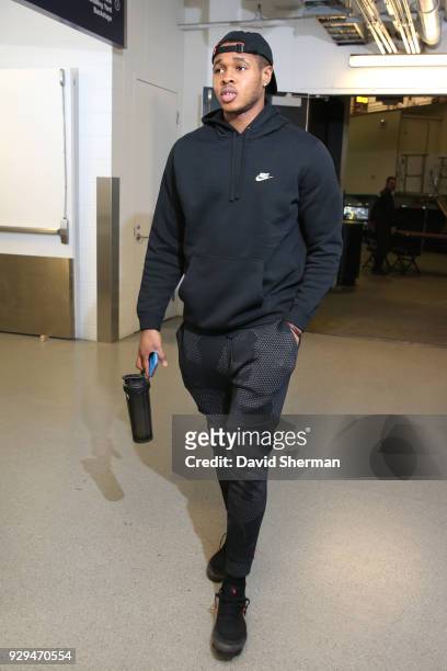 Marcus Georges-Hunt of the Minnesota Timberwolves arrives before the game against the Boston Celtics on March 8, 2018 at Target Center in...