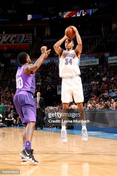 Josh Huestis of the Oklahoma City Thunder shoots the ball during the game against the Phoenix Suns on March 8, 2018 at Chesapeake Energy Arena in...