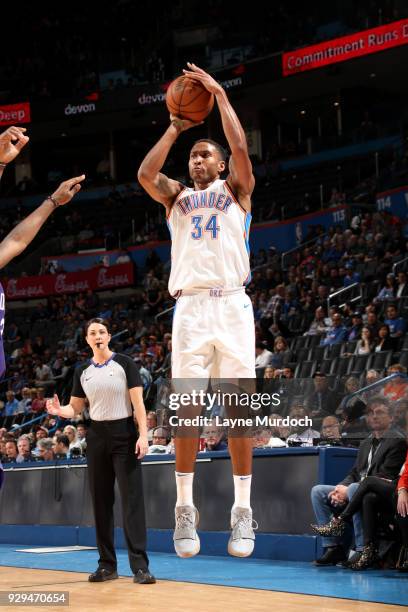 Josh Huestis of the Oklahoma City Thunder shoots the ball during the game against the Phoenix Suns on March 8, 2018 at Chesapeake Energy Arena in...