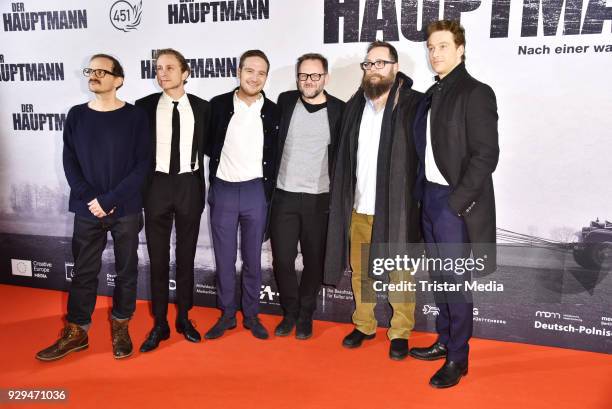 Milan Peschel, Robert Schwentke, Max Hubacher, Frederick Lau, Samuel Finzi and Alexander Fehling attend the premiere of 'Der Hauptmann' at Kino...