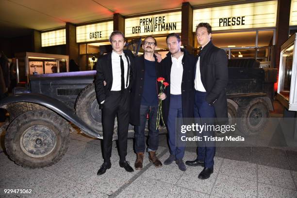 Max Hubacher, Milan Peschel, Frederick Lau and Alexander Fehling attend the premiere of 'Der Hauptmann' at Kino International on March 8, 2018 in...