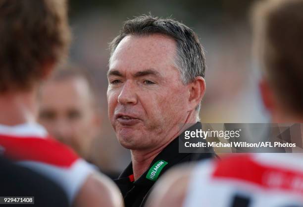 Alan Richardson, Senior Coach of the Saints addresses his players during the AFL 2018 JLT Community Series match between the Melbourne Demons and the...