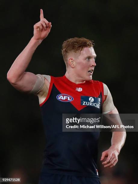 Clayton Oliver of the Demons celebrates a goal during the AFL 2018 JLT Community Series match between the Melbourne Demons and the St Kilda Saints at...