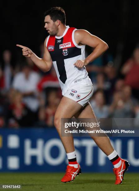 Paddy McCartin of the Saints celebrates a goal during the AFL 2018 JLT Community Series match between the Melbourne Demons and the St Kilda Saints at...