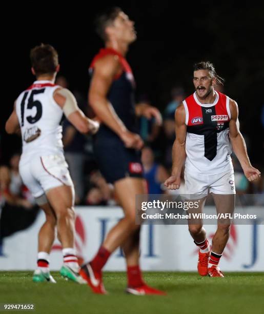 Josh Bruce of the Saints celebrates a goal during the AFL 2018 JLT Community Series match between the Melbourne Demons and the St Kilda Saints at...