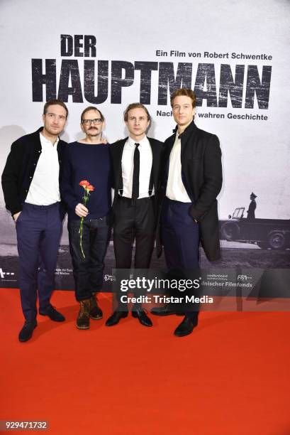 Frederick Lau, Milan Peschel, Max Hubacher and Alexander Fehling attend the premiere of 'Der Hauptmann' at Kino International on March 8, 2018 in...