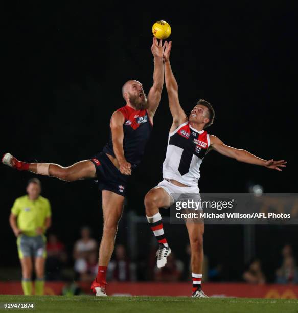 Max Gawn of the Demons and Rowan Marshall of the Saints compete for the ball during the AFL 2018 JLT Community Series match between the Melbourne...