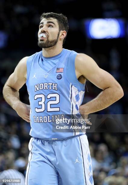 Luke Maye of the North Carolina Tar Heels reacts in the first half against the Miami Hurricanes during the quarterfinals of the ACC Men's Basketball...