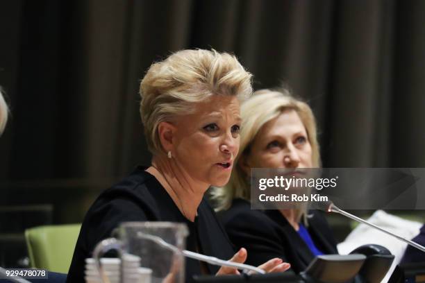 Joan Lunden and Edie Falco attend International Women's Day The Role of Media To Empower Women Panel Discussion at the United Nations on March 8,...