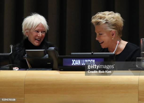 Joanna Coles and Joan Lunden attend International Women's Day The Role of Media To Empower Women Panel Discussion at the United Nations on March 8,...