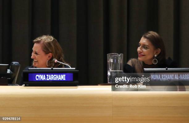 Cyma Zarghami and Muna Rihani Al-Nasser attend International Women's Day The Role of Media To Empower Women Panel Discussion at the United Nations on...