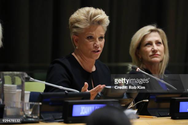 Joan Lunden and Edie Falco attend International Women's Day The Role of Media To Empower Women Panel Discussion at the United Nations on March 8,...