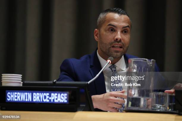 Sherwin Bryce-Pease attends International Women's Day The Role of Media To Empower Women Panel Discussion at the United Nations on March 8, 2018 in...