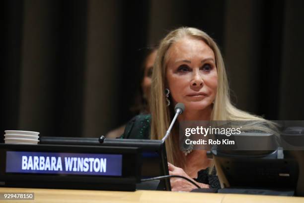 Barbara Winston attends International Women's Day The Role of Media To Empower Women Panel Discussion at the United Nations on March 8, 2018 in New...