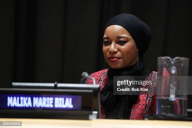 Malika Marie Bilal attends International Women's Day The Role of Media To Empower Women Panel Discussion at the United Nations on March 8, 2018 in...