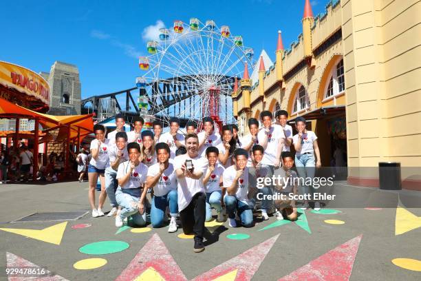 Olympian Matthew Mitcham proposes to Bruno Mars with an Affinity Diamond ring duritng a flash mob proposal at Luna Park, Sydney Harbour on March 9,...