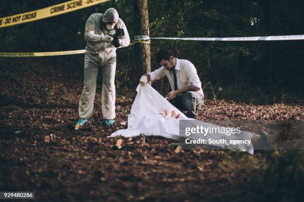 investigation of a murder - forest crime scene stock pictures, royalty-free photos & images